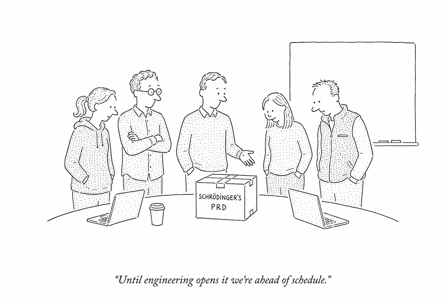 Cartoon illustrating Schrödinger's API requirements document.