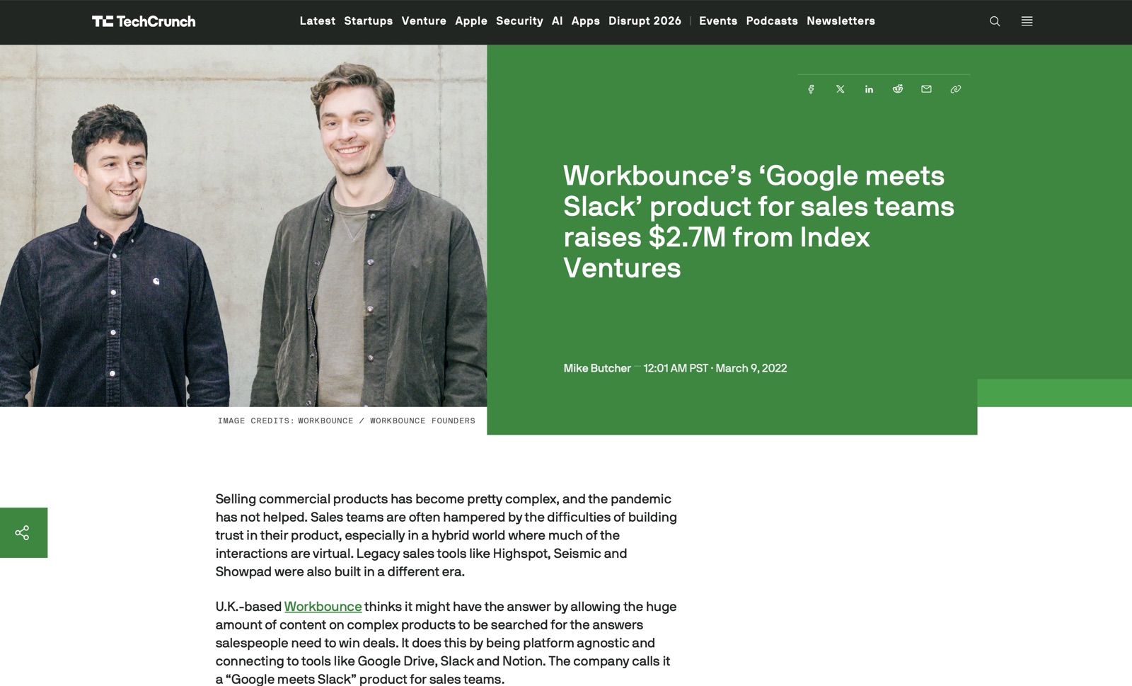 TechCrunch article headlined 'Workbounce's Google meets Slack product for sales teams raises $2.7M from Index Ventures', with a photograph of the two Workbounce founders.